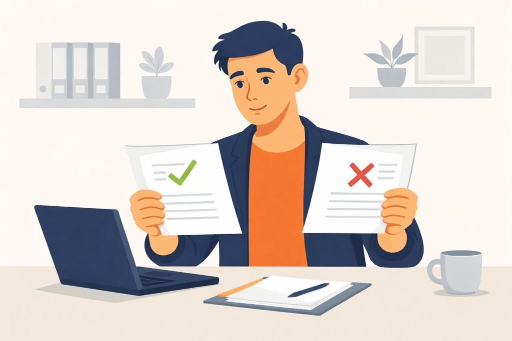 Man vergelijkt twee documenten met voor- en nadelen van boekhoudprogramma