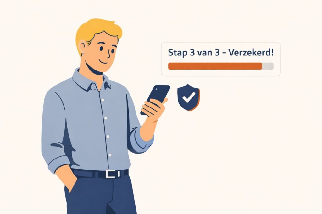 Mannelijke zzp'er die op mobiel een verzekering afsluit in 5 minuten, concept digitale verzekeringsmakelaar