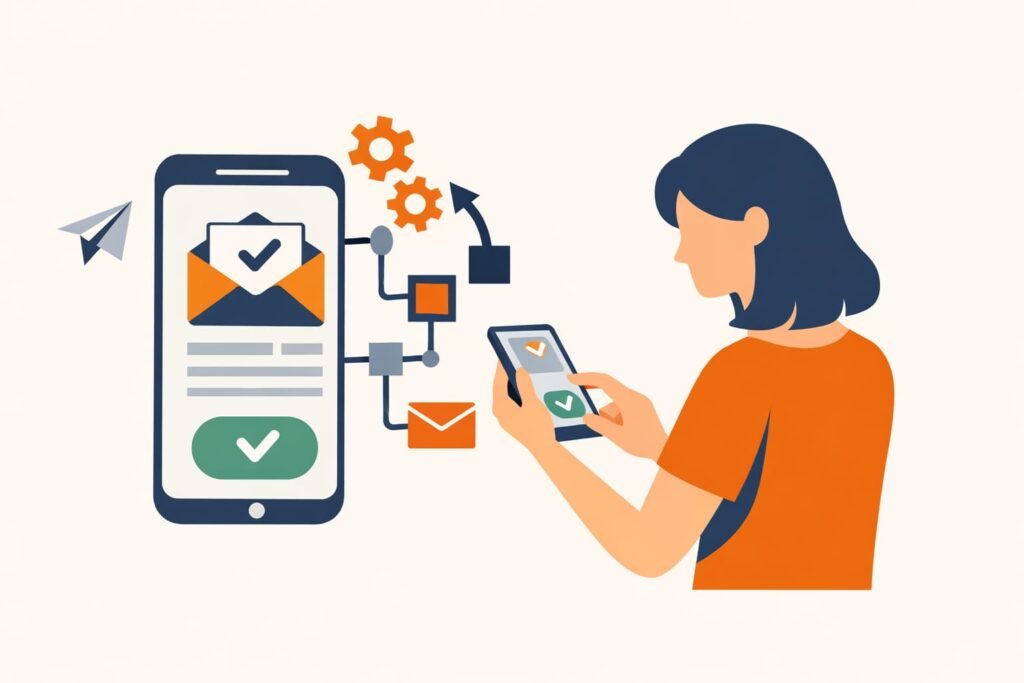 brevo review 2026: Vrouw op smartphone die e-mailcampagne goedkeurt, e-mailmarketing automation Brevo. 