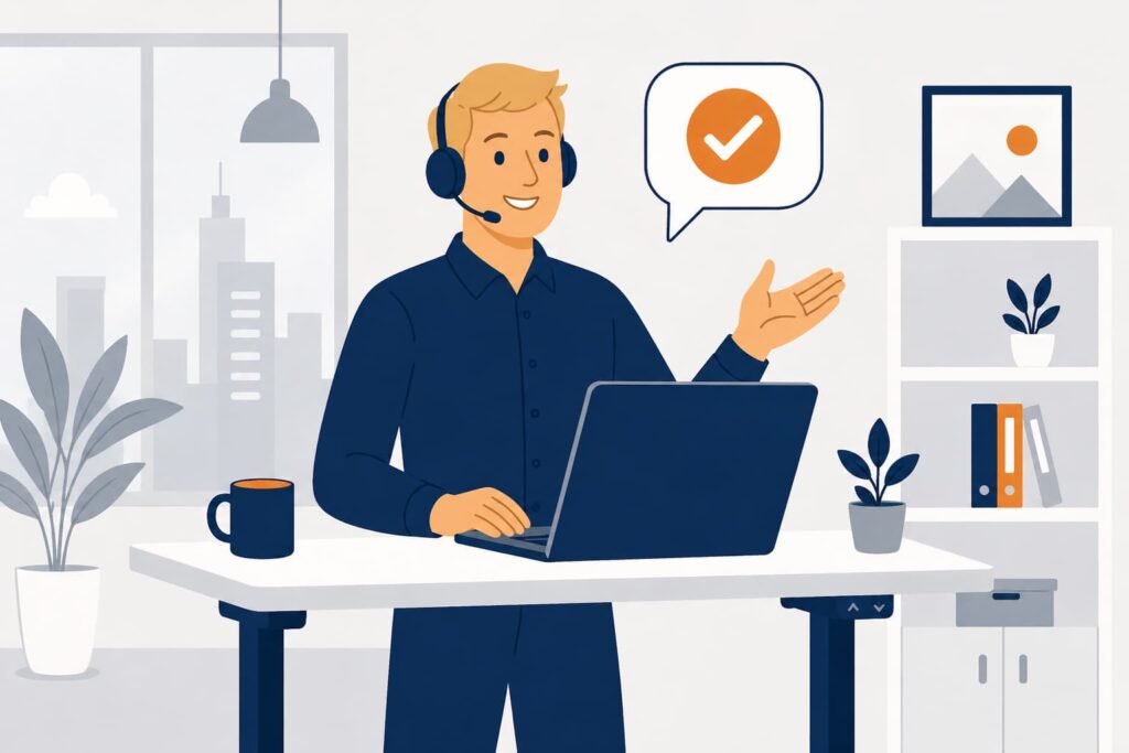 Man aan staand bureau met telefoon, symboliseert telefonische klantenservice van Cloud86