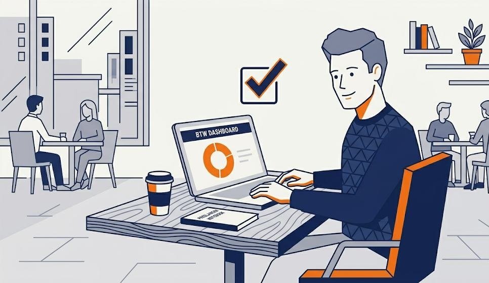 Zzp'er werkt onderweg op laptop, administratie op orde met Bunni boekhoudprogramma